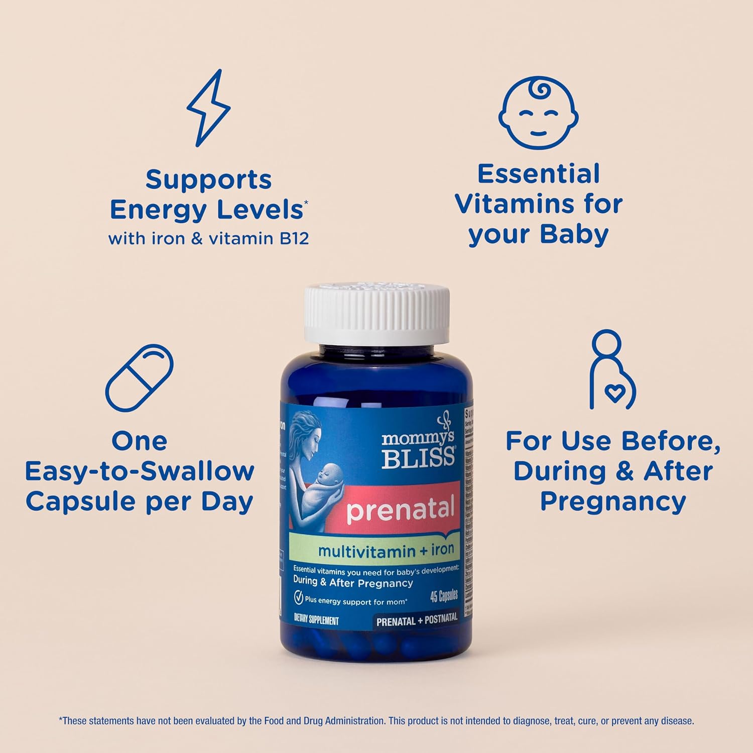 Mommy's Bliss Prenatal Multivitamin with Iron and Folic Acid – Vegan, Gluten-Free, 45 Servings - görsel 2