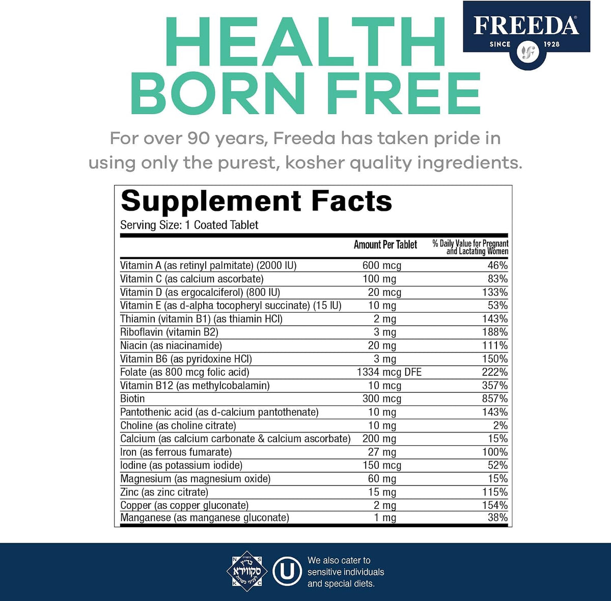 FREEDA Prenatal Vitamin – Kosher Prenatals – Prenatal Vitamins with Iron, Folic Acid, Choline, Vitamin D – One Daily Pre-Natal Multivitamin Support for Pregnant & Lactating Women (250 Tablets) - görsel 4