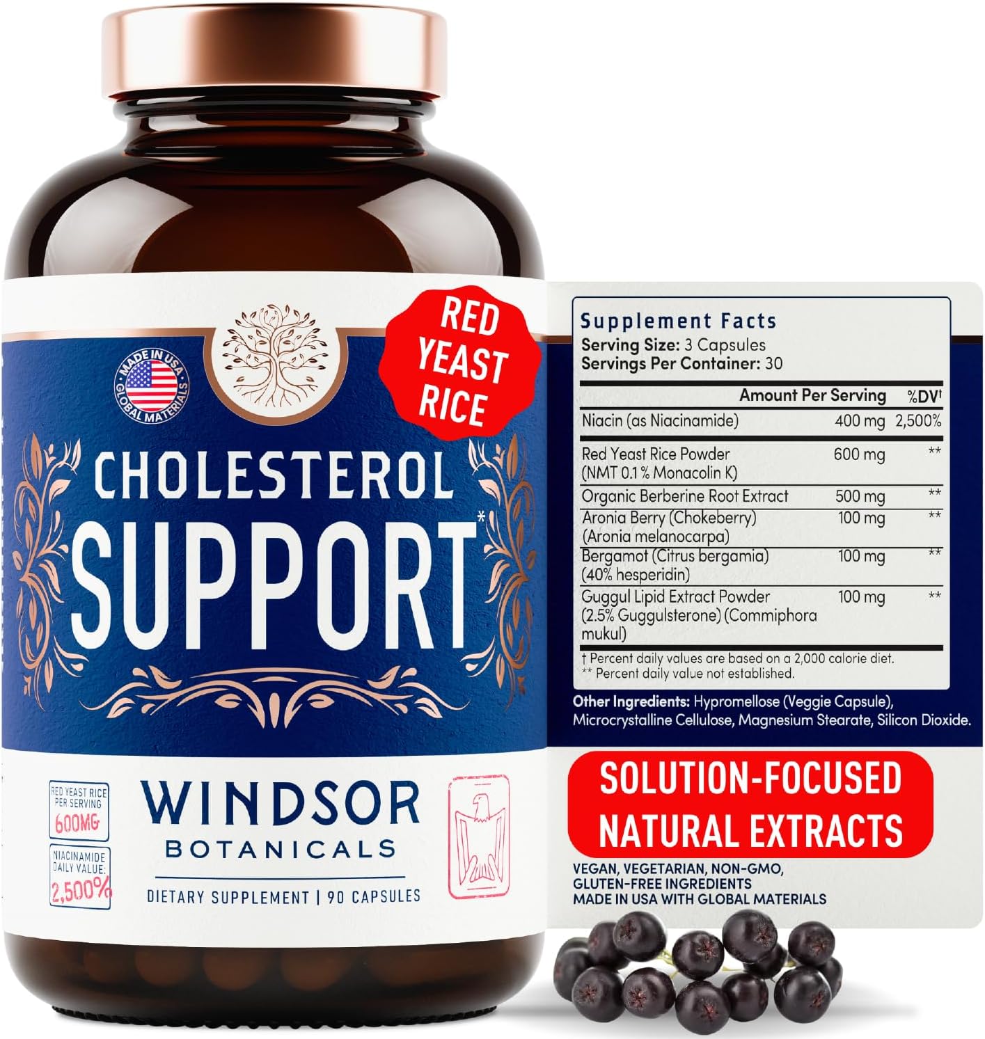 Windsor Botanicals Cholesterol Support Complex - Citrus Bergamot, Red Yeast Rice, Berberine, Niacin - 90 Vegan Capsules - görsel 1