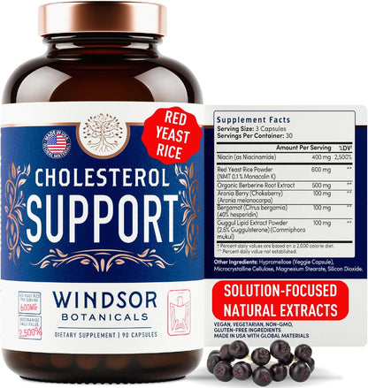Windsor Botanicals Cholesterol Support Complex - Citrus Bergamot, Red Yeast Rice, Berberine, Niacin - 90 Vegan Capsules