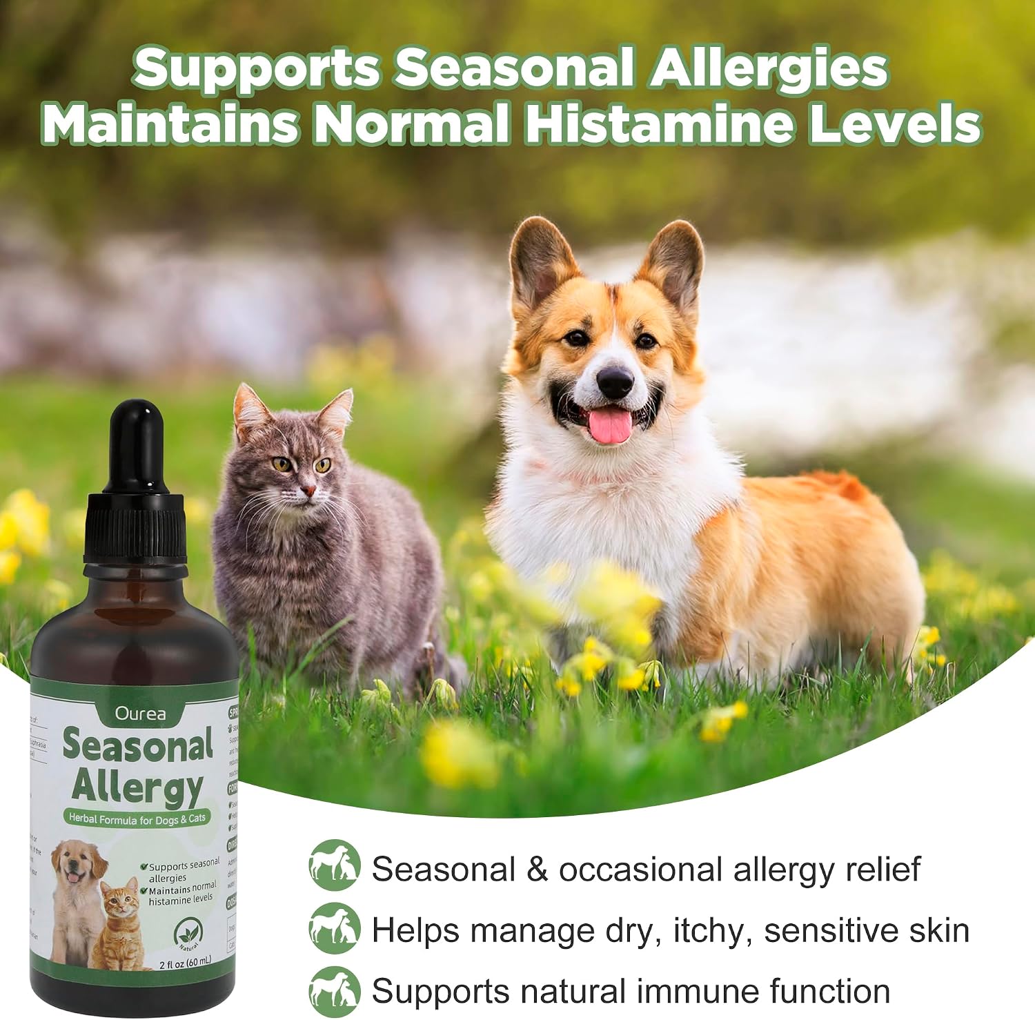 Ourea Cat & Dog Seasonal Allergy Relief - Natural Herbal Liquid Supplement for Itching, Scratching & Licking - görsel 2