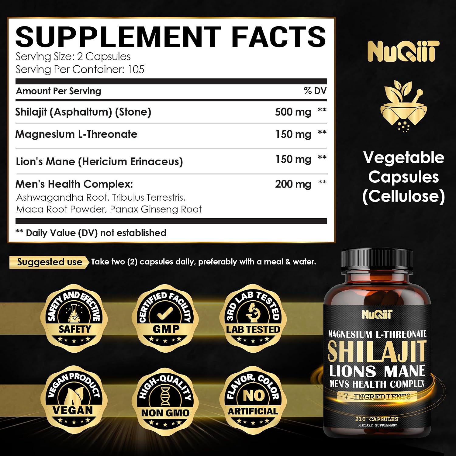 Magnesium with Lion's Mane, Shilajit Capsules, and Men's Health Complex with Ashwagandha, Maca Root & More - 210 Capsules - görsel 2