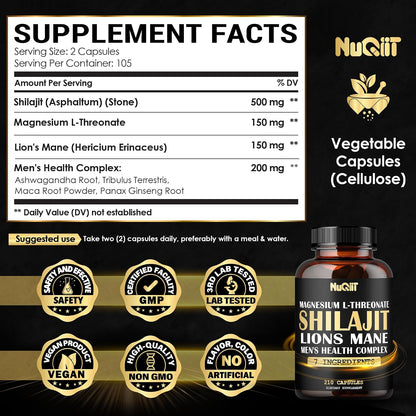 Magnesium with Lion's Mane, Shilajit Capsules, and Men's Health Complex with Ashwagandha, Maca Root & More - 210 Capsules