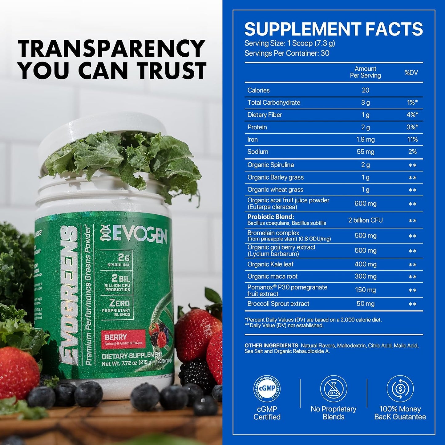 Evogen Evogreens - Super Greens Powder with Organic Spirulina, Probiotics & Pomanox Pomegranate Extract | Berry | 30 Servings - görsel 6