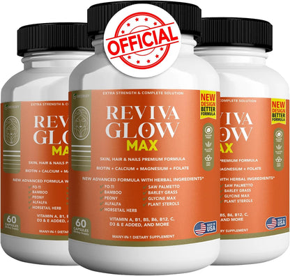 Reviva Glow Max - Hair, Skin & Nails Support Supplement with Biotin, Calcium, Magnesium, Folate & Herbal Blend - 120 Capsules, Vegan & Gluten-free