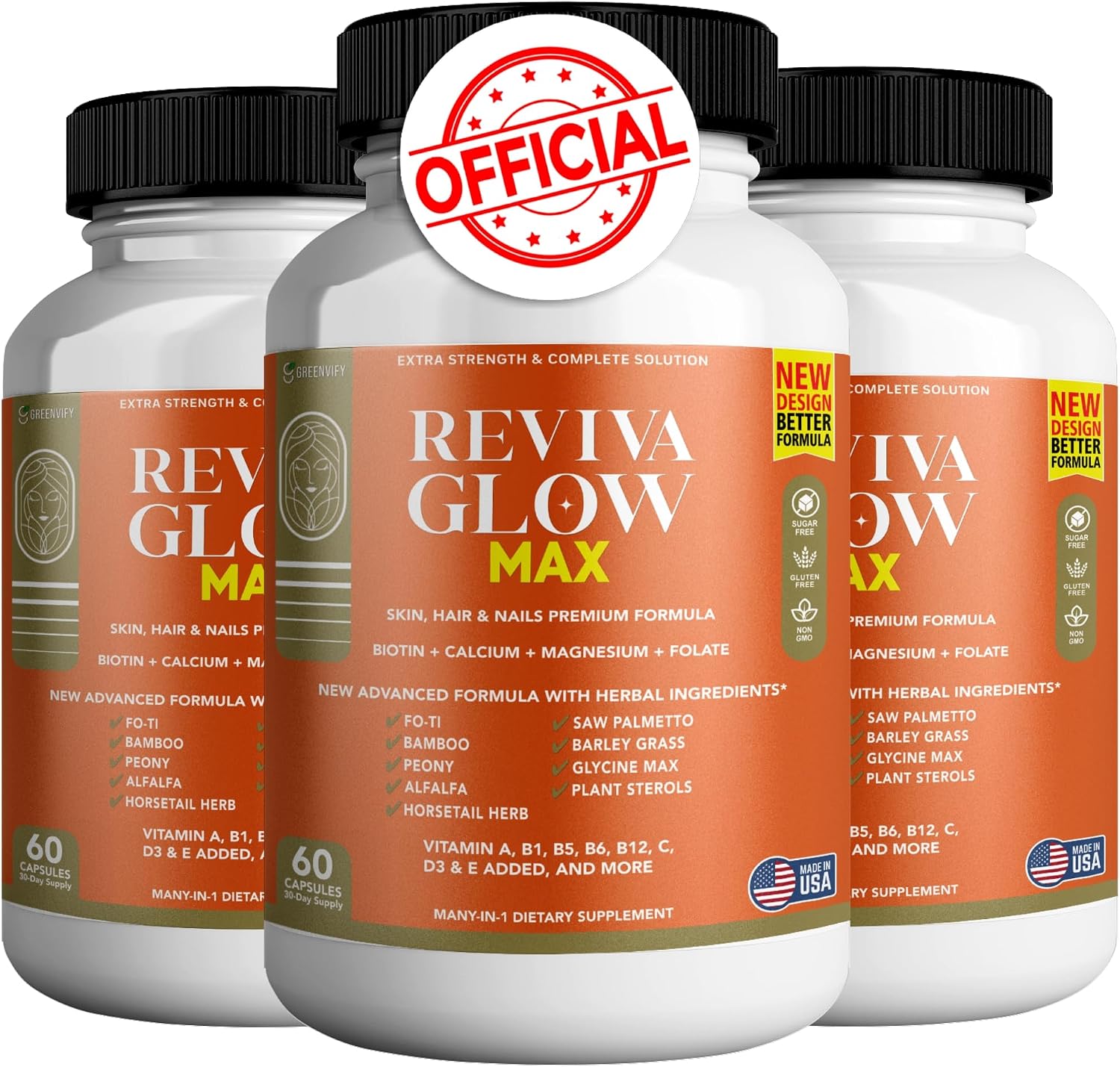 Reviva Glow Max - Hair, Skin & Nails Support Supplement | Biotin, Calcium, Magnesium, Folate & Herbal Blend | 300 Capsules, Vegan & Gluten-free - görsel 9