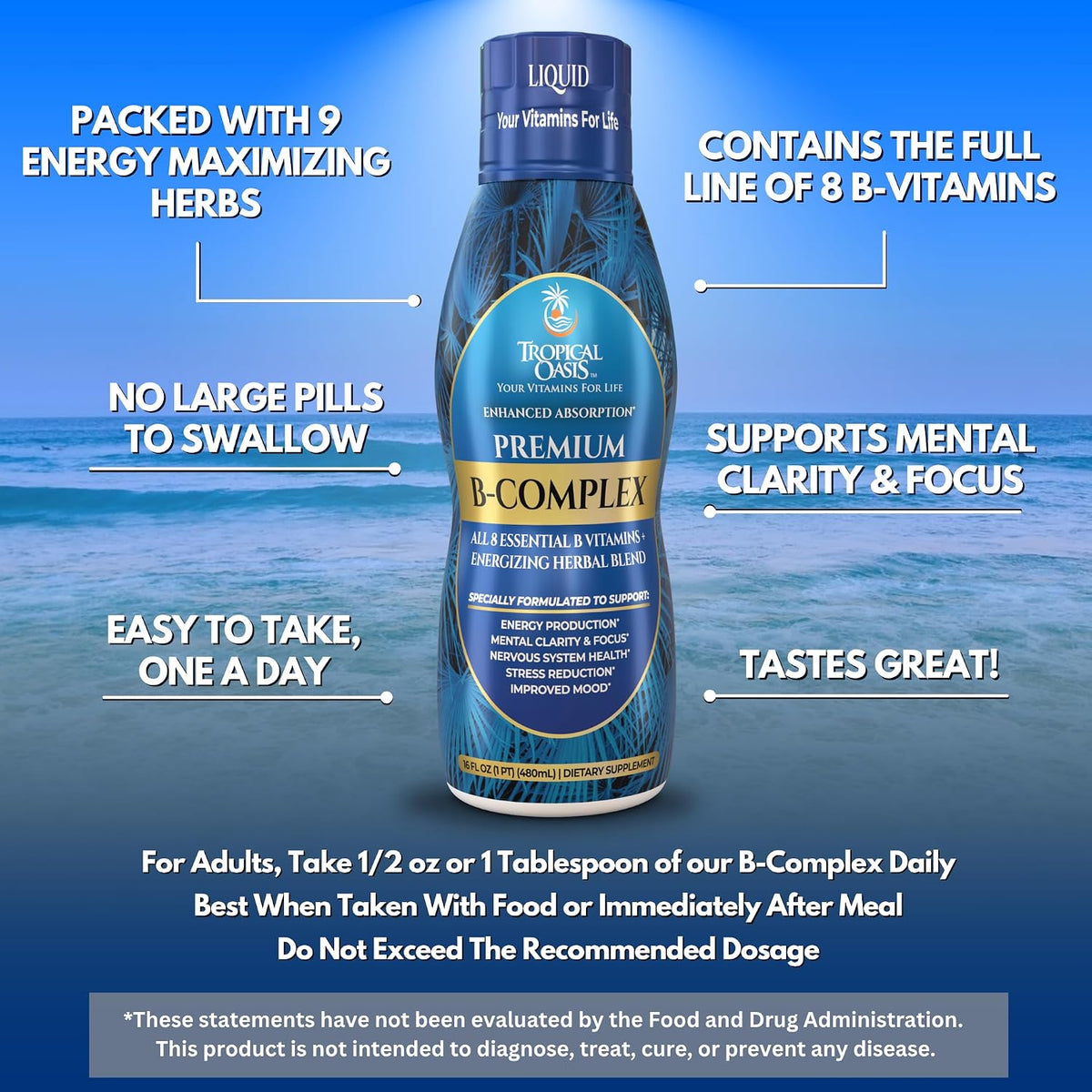 Tropical Oasis Premium Liquid B-Complex w/ Energy maximising Herbs - Fast Absorbing Liquid B Complex Supplement w/ full range of 8 B vitamins - 473 ml (16 fl oz), 32 Servings - görsel 4
