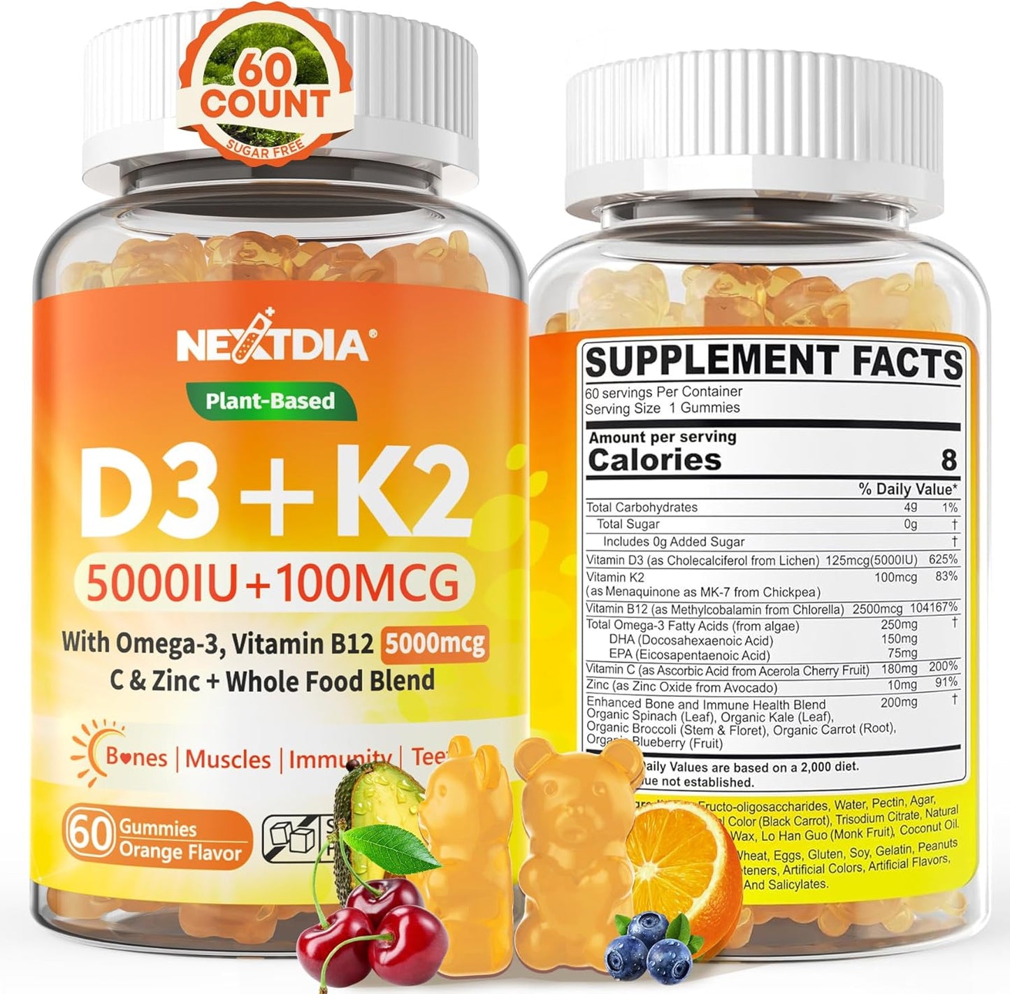 Nextdia Vitamin D3 K2 Gummies - 5000 IU D3, 100 mcg K2 MK-7, Omega-3, Vitamin C, Zinc - Plant-Based, Sugar-Free - Bone and Immune Support - görsel 8