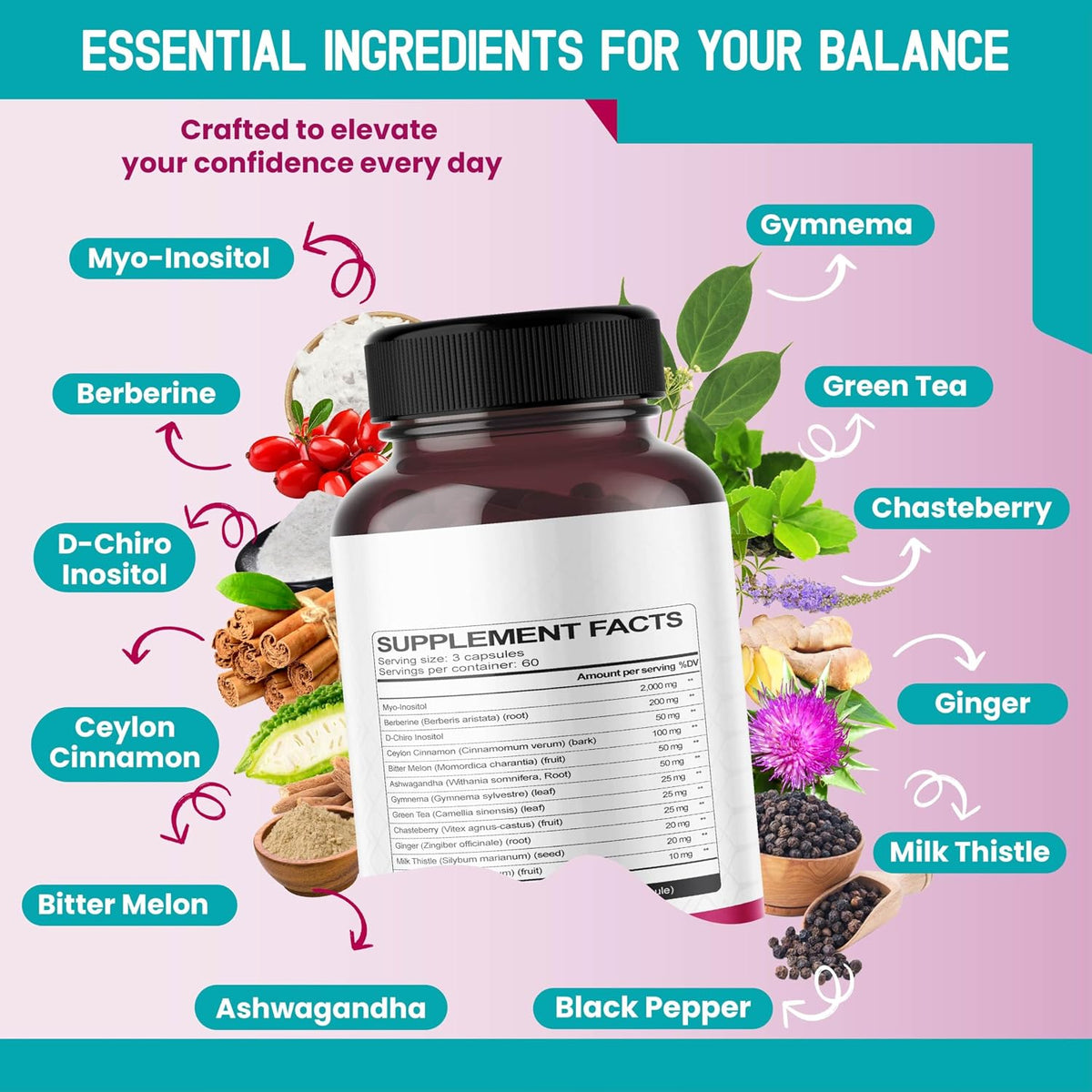 Myo-Inositol + D-Chiro Inositol Supplement – 12-in-1 Formula with Berberine, Cinnamon, Bitter Melon – 180 Capsules – Non-GM, Gluten-free - görsel 3