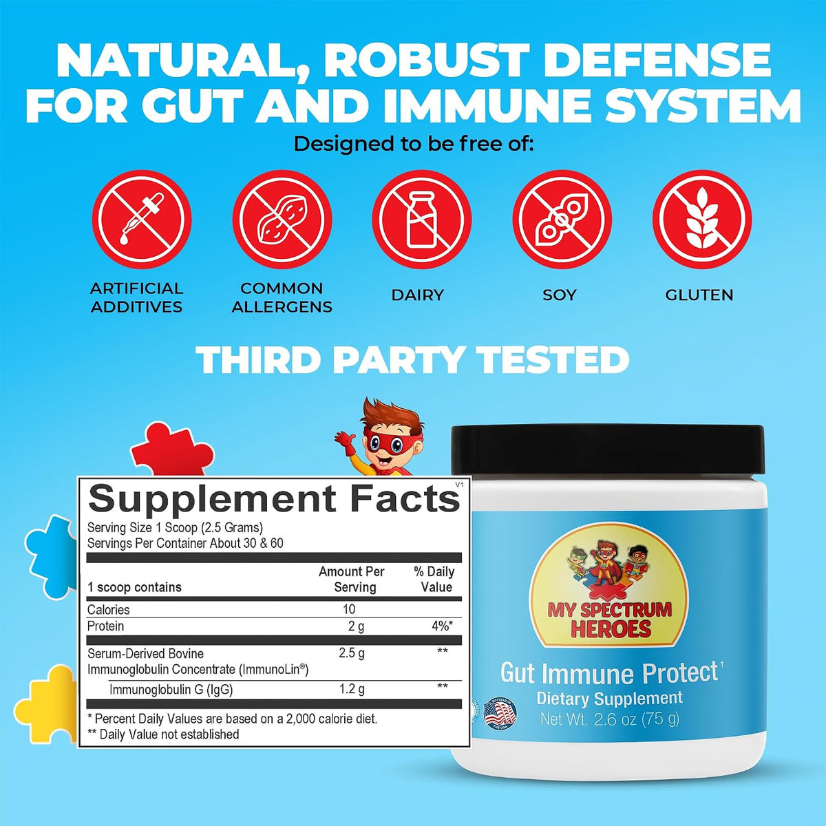 My Spectrum Heroes: Dairy-free Gut & Immune Booster - 1,200 mg of Pure IgG for Mucosal Immunity, Strong GI Barrier, Digestive Harmony, and Better Mental & Behavioural Health in Kids, with 60 Servings - görsel 4
