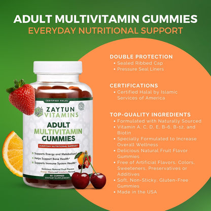 Zaytun Vitamins Halal Adult Multivitamin Gummies - Complete Everyday Nutritional Support with Biotin, Natural Fruit Flavours