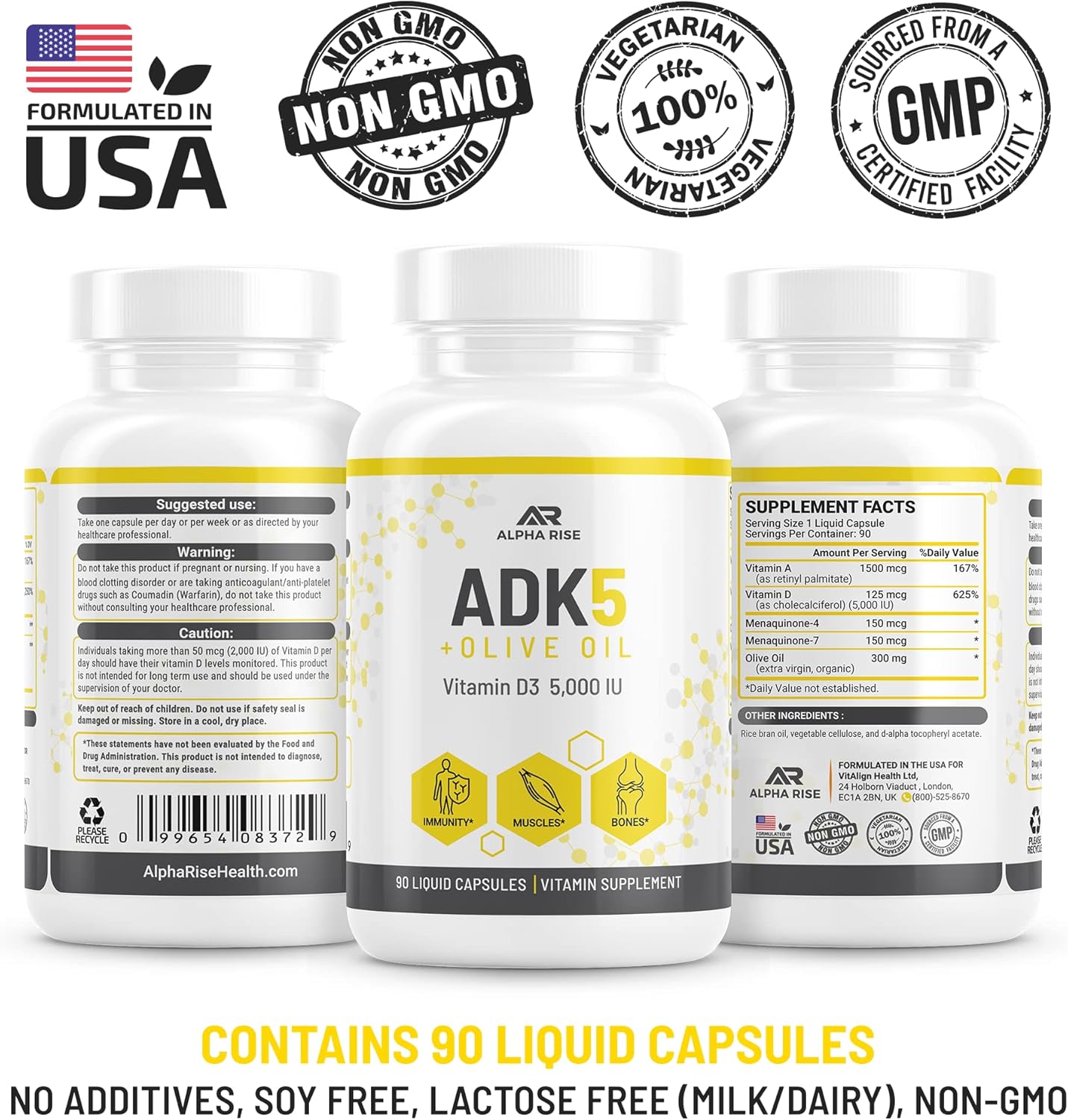 ALPHA RISE ADK Vitamin Supplement - 5000 IU Vitamin D3 + K2 (MK7 & MK4) with Olive Oil - 90 Liquid Capsules - Non-GMO, Vegetarian - görsel 5