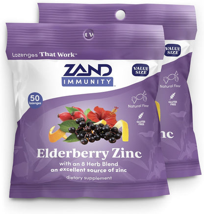 ZAND Immunity Elderberry Zinc Throat Lozenges 2-Pack – Immune Support with Elderberry & Zinc 5mg, Natural Flavour, Gluten-free, 50ct Each