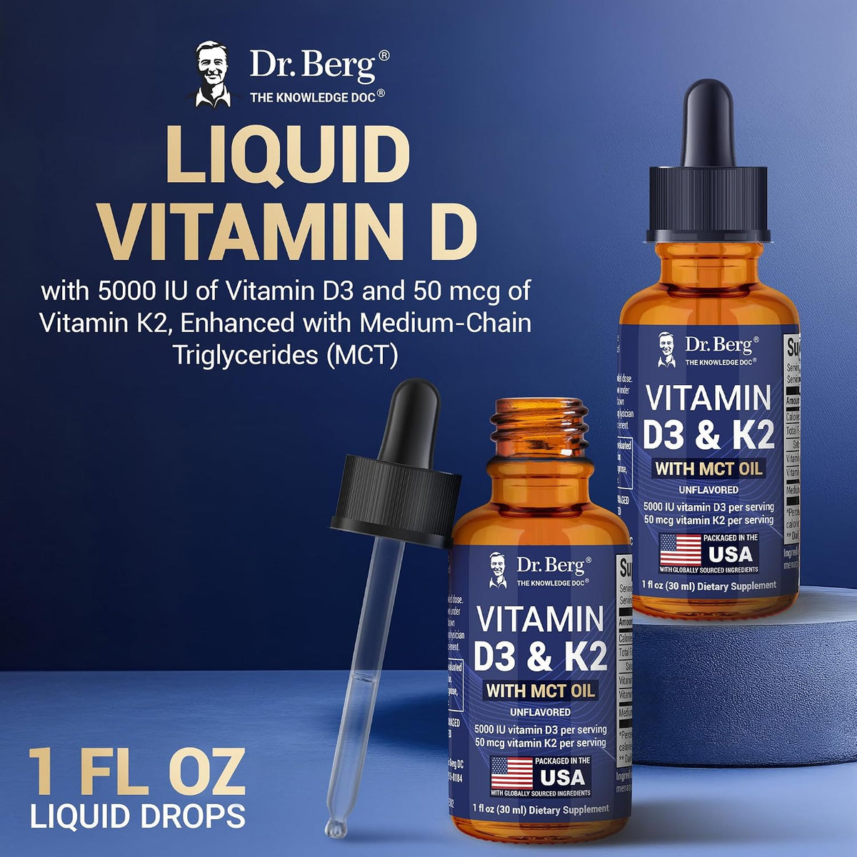 Dr. Berg Maximum Strength Vitamin D3 K2 Liquid Drops with MCT Oil - 5,000 IU D3 + 50 mcg K2 MK-7 - Unflavoured, 30 ml - görsel 3