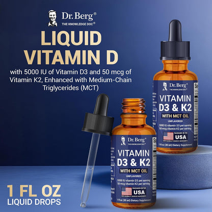 Dr. Berg Maximum Strength Vitamin D3 K2 Liquid Drops with MCT Oil - 5,000 IU D3 + 50 mcg K2 MK-7 - Unflavoured, 30 ml