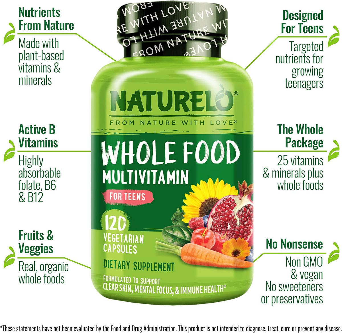 NATURELO Multivitamins for Teenage Girls & Boys, 120 Capsules, Whole Food Multivitamin with Minerals, Non-GMO, Vegetarian - görsel 2