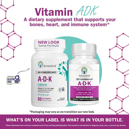 NatureGenX ADK Vitamin Supplement – Vitamins A, D3 & K2 MK-7 for Bone Health & Calcium Absorption – Gluten-Free, Non-GMO, Soya-Free – 60 Capsules (2-Month Supply)
