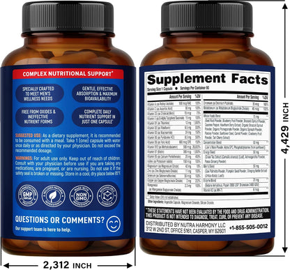 Multivitamin for Men - 46-in-1 with B-Complex & Whole Food Blend - Energy, Focus and Brain Health - 90 Capsules