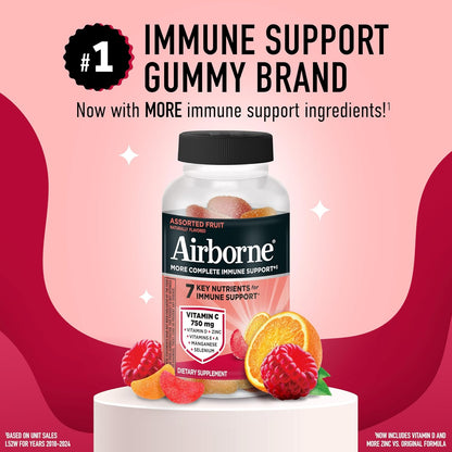 Airborne Immune Support Gummies, Assorted Fruit Flavour, 63 Ct