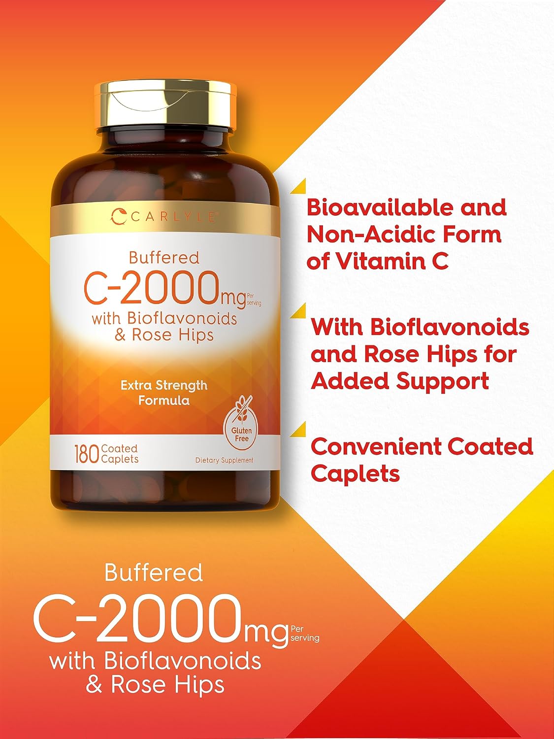 Carlyle Buffered Vitamin C | 2000mg | 180 Caplets | with Bioflavonoids and Rose Hips | Vegetarian, Non-GM, and Gluten-free Food Supplement - görsel 3