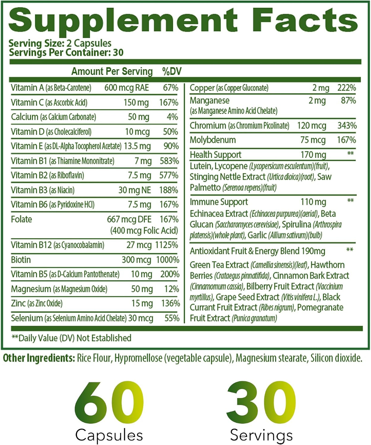 Complete Multivitamin 35-in-1 – High-strength Daily Vitamins & Minerals with Antioxidants (A, B-Complex, C, D, E), Magnesium, Zinc & Green Tea Complex for Women & Men – 60 Vegan Capsules - görsel 2