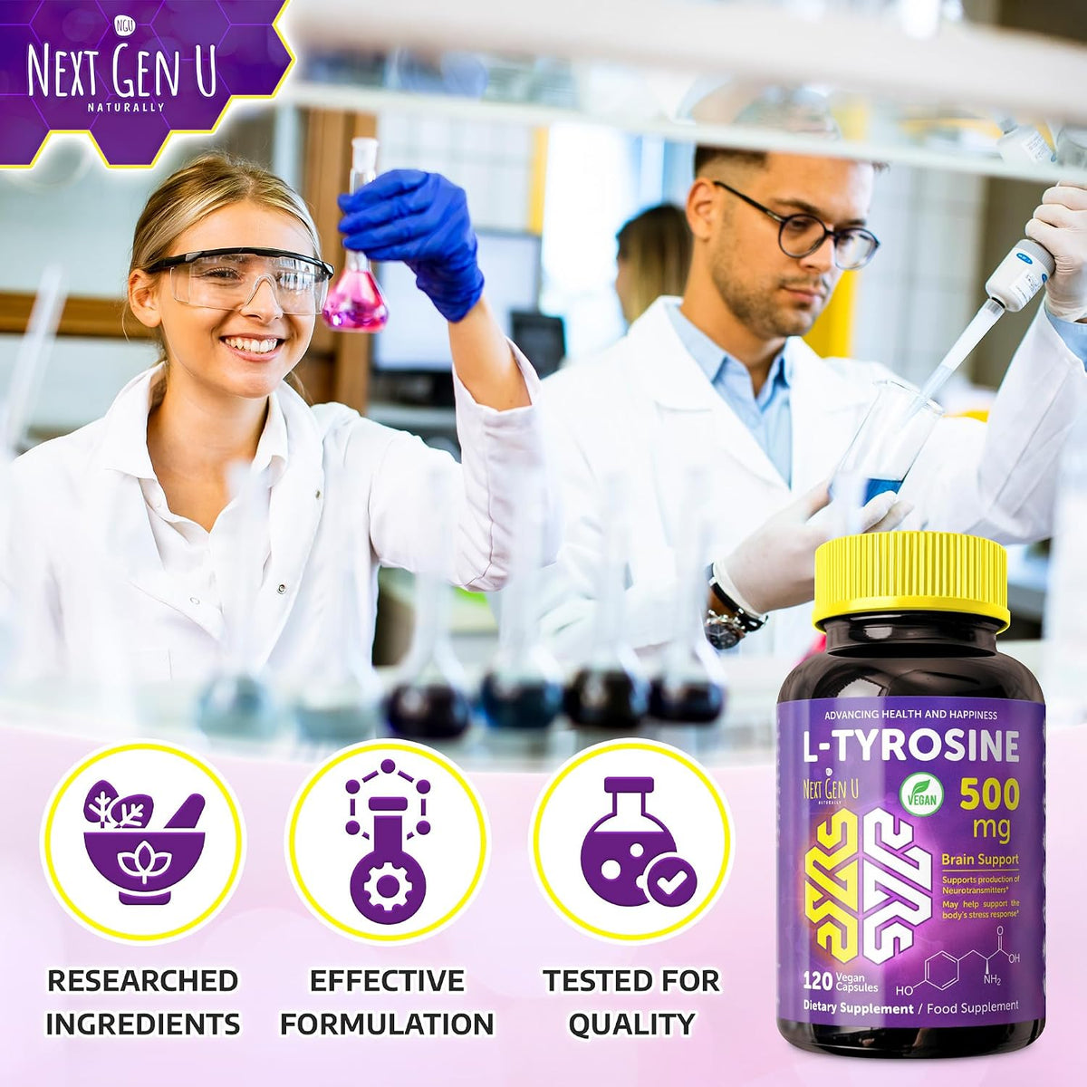 L-Tyrosine 500 mg, 120 Vegan Capsules - Mood and Brain Support by NextGenU - görsel 6