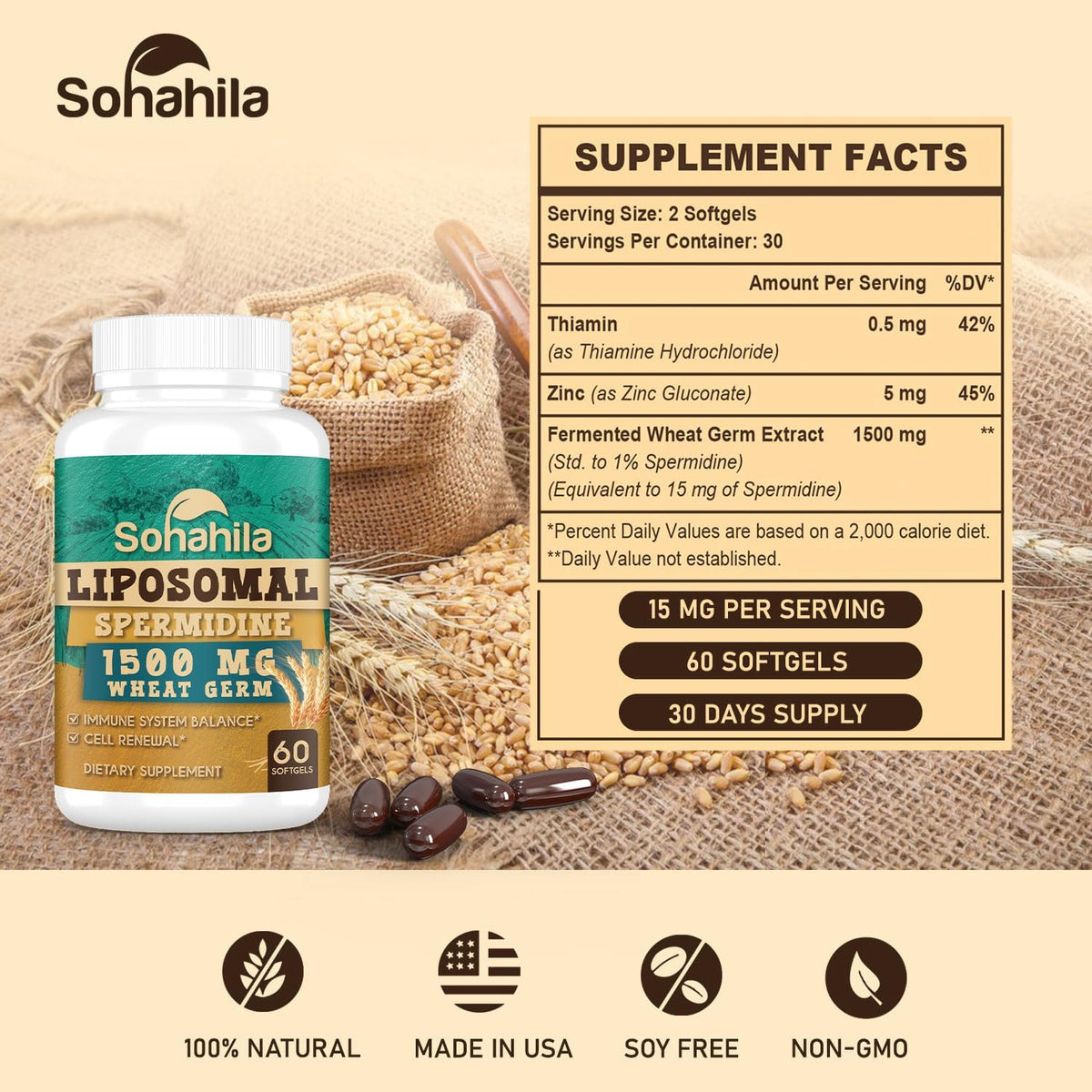 Spermidine Supplement 15 mg – 99% Purity, High Absorption, with Zinc & Thiamin – 120 Softgels - görsel 2