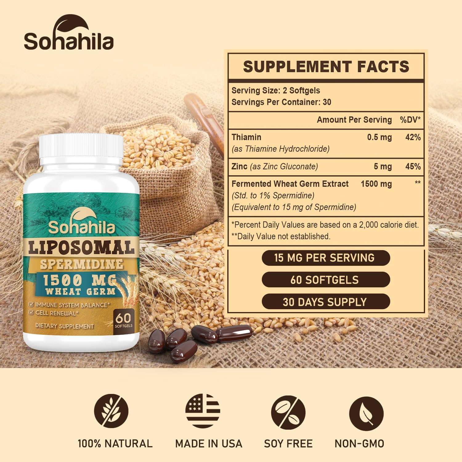 Spermidine Supplement 15 mg – 99% Purity, High Absorption, with Zinc & Thiamin – 120 Softgels - görsel 2