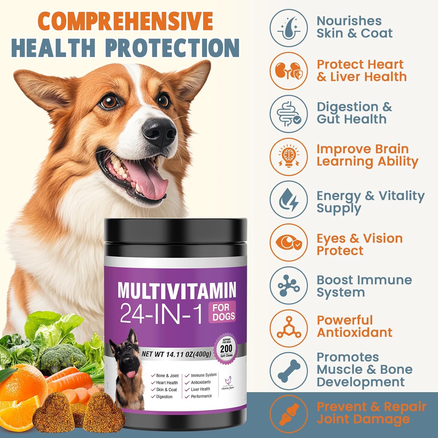 24-in-1 Dog Vitamins and Supplements 200 Count Multivitamin Chewables with Chondroitin, Probiotics, Omega-3, Glucosamine for Skin, Coat, Heart, Joint, Gut, Liver, Brain, Eyes, Immune Support – Chicken Flavour - görsel 2