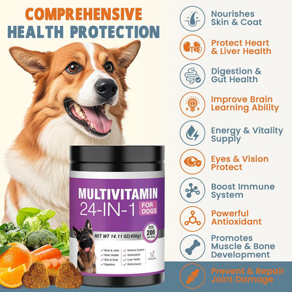 24-in-1 Dog Vitamins and Supplements 200 Count Multivitamin Chewables with Chondroitin, Probiotics, Omega-3, Glucosamine for Skin, Coat, Heart, Joint, Gut, Liver, Brain, Eyes, Immune Support – Chicken Flavour