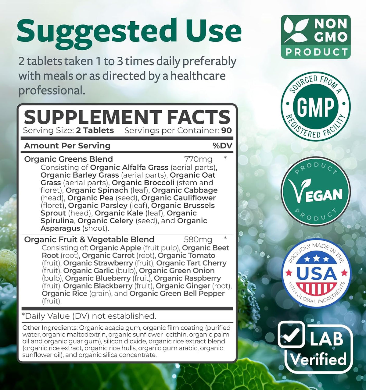 USDA Organic Super Greens Supplement - Organic Fruits & Vegetable Supplement with 28 Superfood Complex - Vegan & Non-GM Tablets - görsel 5