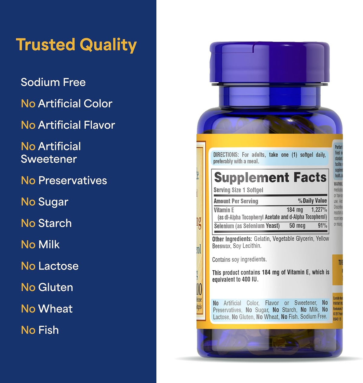Puritan's Pride Vitamin E 184mg (400 IU) with Selenium 50mcg, 100 Rapid Release Softgels - görsel 6