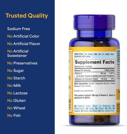 Puritan's Pride Vitamin E 184mg (400 IU) with Selenium 50mcg, 100 Rapid Release Softgels