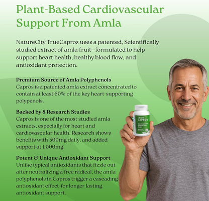 True-Capros Amla Fruit Extract Supplement – Polyphenol Antioxidant for Cardiovascular Support (30 Vegan Capsules)