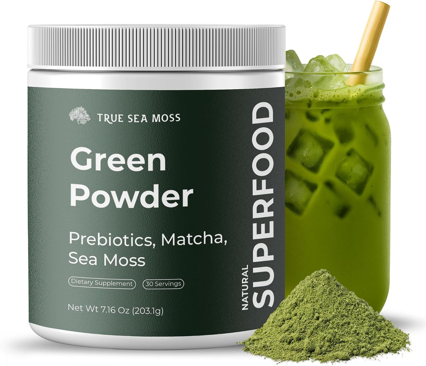 TrueSeaMoss Super Greens Powder with Matcha – 25 Superfood Blend with Probiotics & Digestive Enzymes – 30 Servings - görsel 1