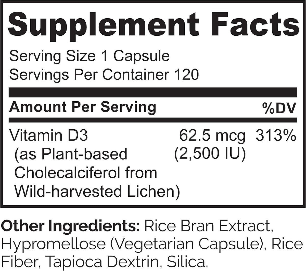 NATURELO Vitamin D3 2500 IU - Plant Based from Lichen - Vegan Supplement for Immune & Bone Health - 120 Capsules - görsel 3