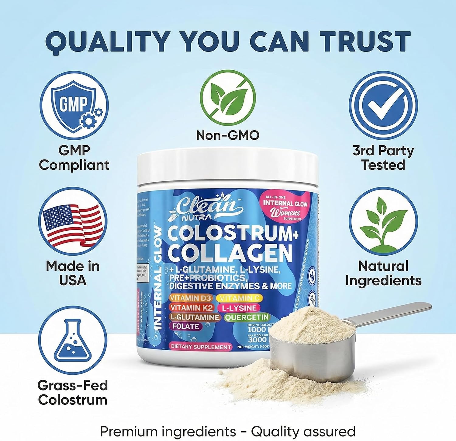Bovine Colostrum Powder + Collagen Peptides with L-Glutamine, L-Lysine, Prebiotics, Probiotics, Digestive Enzymes, Vitamin D K2 C, Quercetin & Folate – Gut Health Supplement, Internal Glow by Clean Nutra - görsel 8