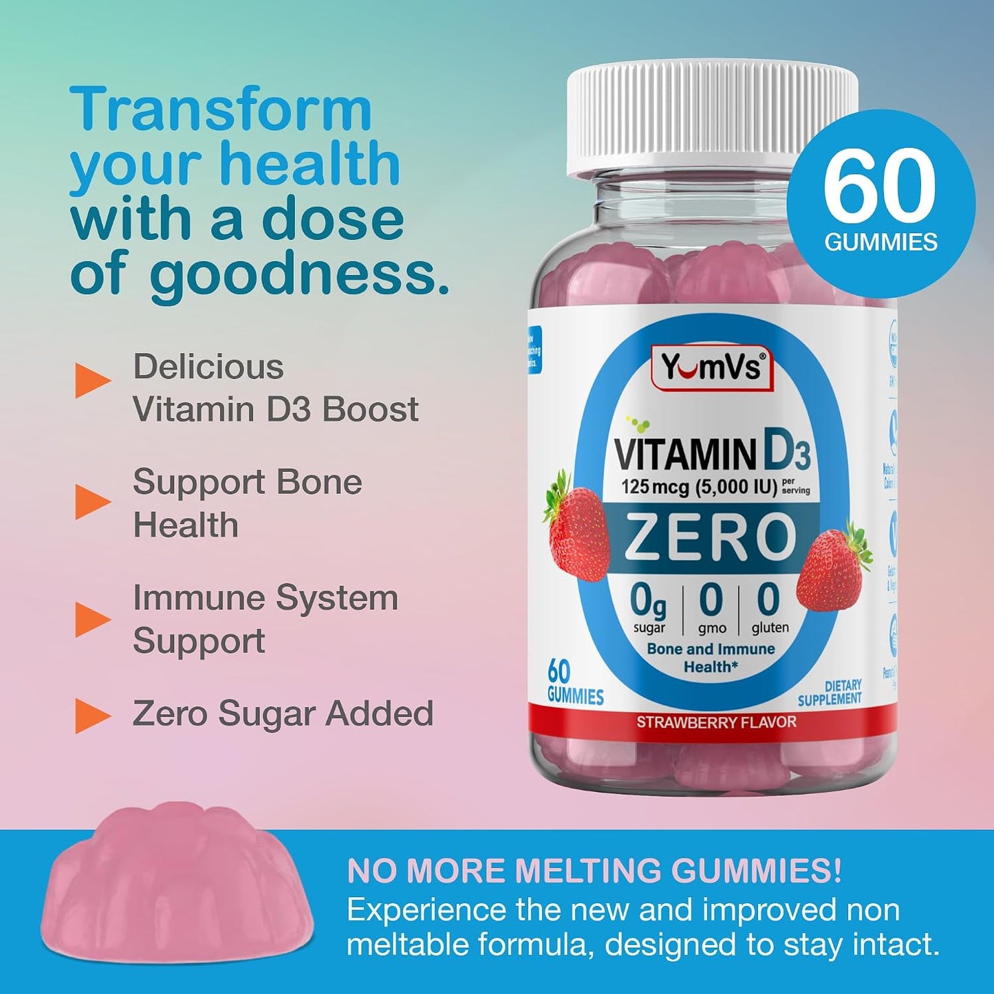 Yum-Vs Vitamin D3 Gummies - Sugar Free (5000 IU) - 60 Count - görsel 2