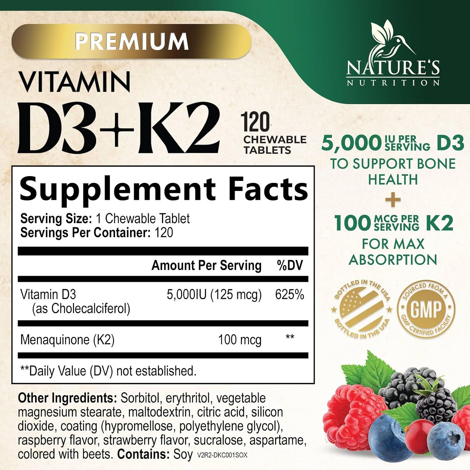 Vitamin D3 K2 Supplement | 5000 IU D3 + 100 mcg K2 (MK-7) | Chewable Tablets - Berry Flavour - görsel 2