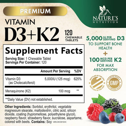 Vitamin D3 K2 Supplement | 5000 IU D3 + 100 mcg K2 (MK-7) | Chewable Tablets - Berry Flavour
