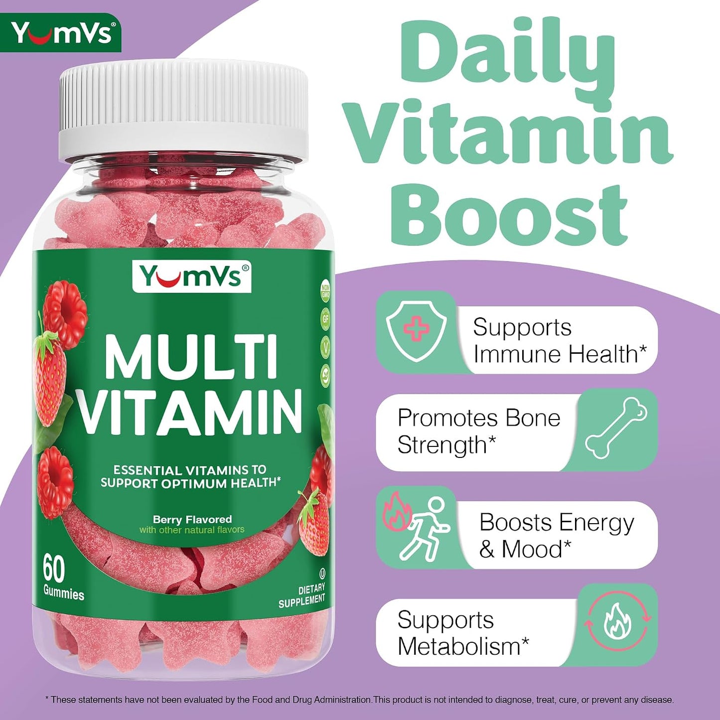 YUM-V'S Adult Multivitamin Gummies - Daily Gummy Vitamin for Women & Men, Immune Support, 60 Count - görsel 3