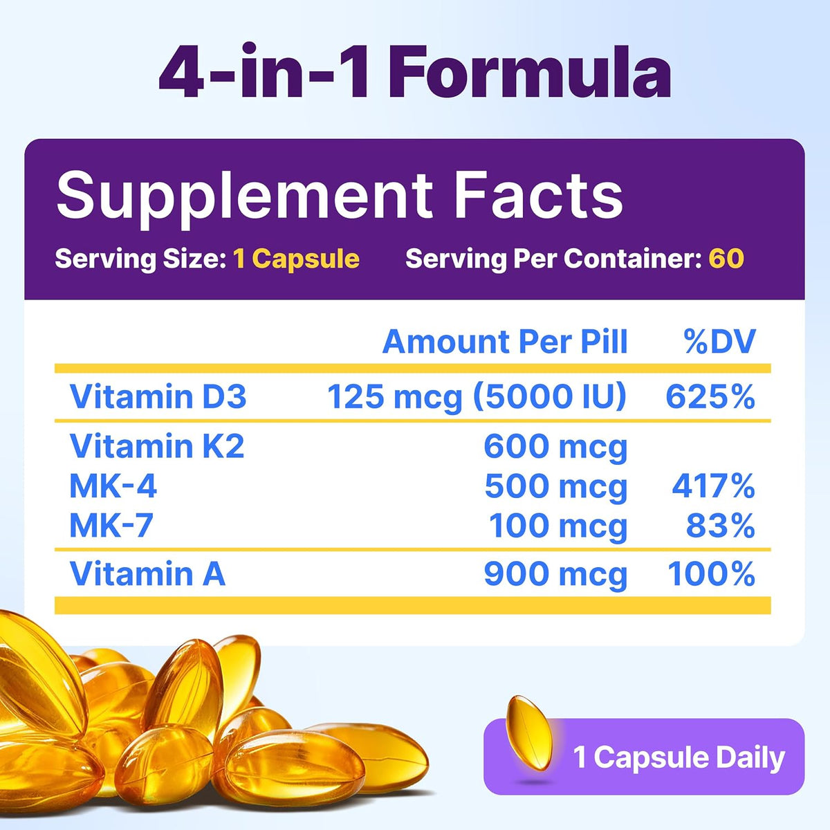 InnovixLabs Vitamin D3 K2-5000 IU Plus 600 mcg K2 MK4 and MK7 - 60 Softgels - görsel 3