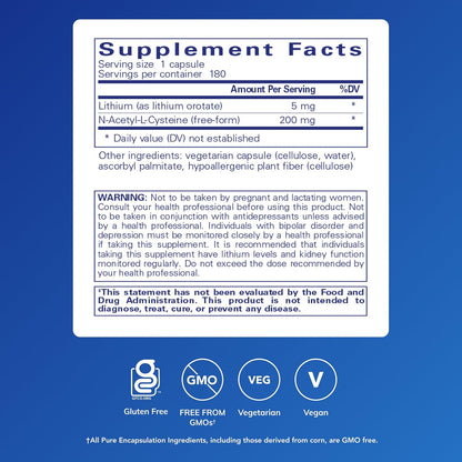 Pure Encapsulations Lithium Orotate 5 mg with NAC – Brain Support Supplement – 180 Capsules