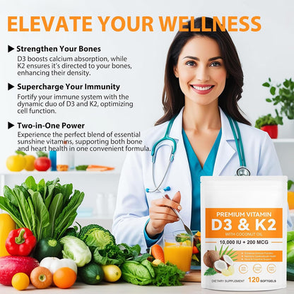 Vitamin D3 K2 Supplement Soft gel capsules, 10,000 IU D3 + 200 mcg K2 (MK-7) | 2-in-1 Replenish Formula with Coconut Oil, Supports Calcium Absorption, Easy to Swallow 120 Capsules