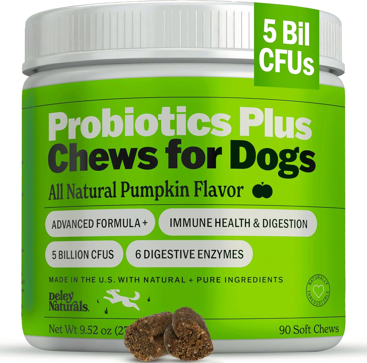 Deley Naturals Probiotics Plus Chews for Dogs - Gut Health Supplement with 5 Billion CFUs and Digestive Enzymes (90 Chews) - görsel 1