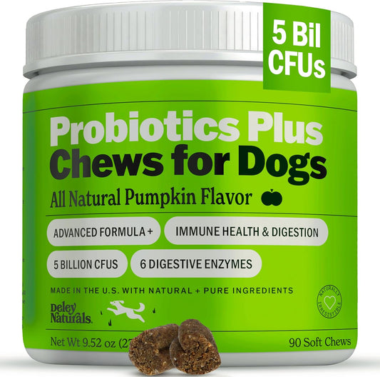 Deley Naturals Probiotics Plus Chews for Dogs - Gut Health Supplement with 5 Billion CFUs and Digestive Enzymes (90 Chews)