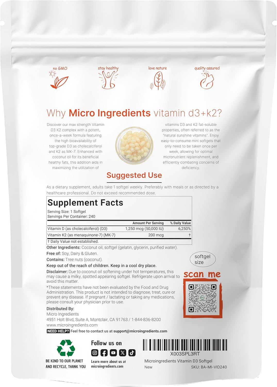 Micro Ingredients Vitamin D3 50,000 IU + K2 MK-7 200 mcg, 240 Softgels - görsel 2