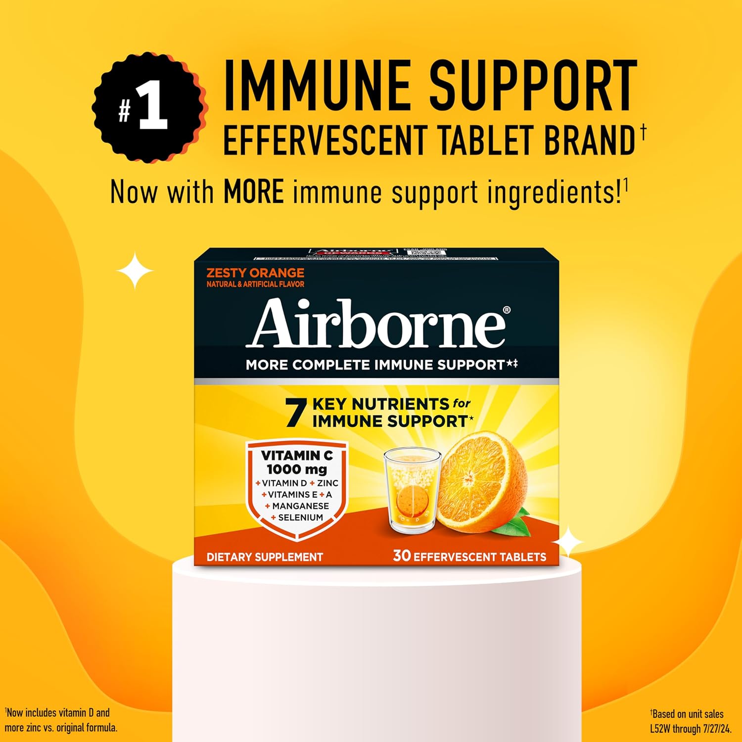 Airborne Immune Support Effervescent Tablets, Zesty Orange Flavour - 30ct with 1000mg Vitamin C + Vitamins A, D, E, Zinc, Selenium, Manganese & Herbal Blend - Sugar‑Free, Gluten‑Free - görsel 2