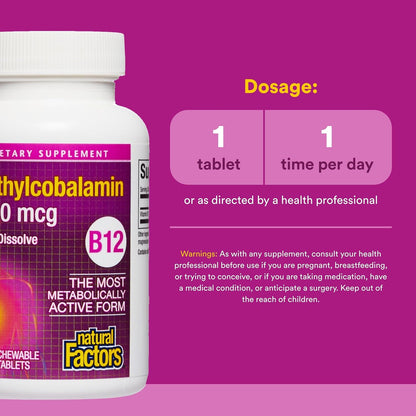 Natural Factors Vitamin B12 Methylcobalamin 1000 mcg Chewable Tablets – Support for Energy Metabolism, Immunity, and Nervous System Health – 90 Count
