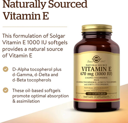 Solgar Vitamin E 670 mg (1000 IU) Mixed Softgels, 100 Softgels
